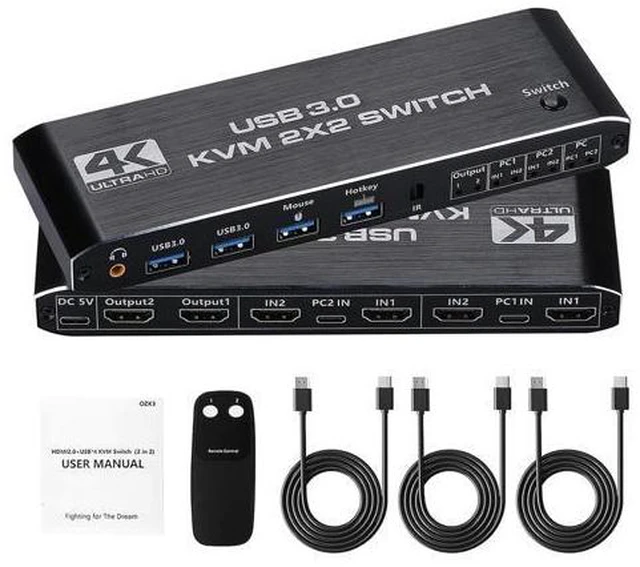 Main image of KVM Switch 2 Monitors 2 Computers, 4K@60Hz Dual Monitor HDMI KVM Switch 2 in 2 Out with Audio, Keyboard Video Mouse Peripherals Display Port Switcher, UHD Support, USB 3.0 Hub, Hotkeys
