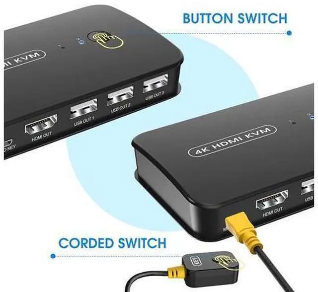 Alt view image 3 of 7 - 2 Port HDMI KVM Switch USB Selector for 2 Computers Sharing Mouse Keyboard Printer to One 4K HD Monitor, KVM Switch HDMI 2 in 1 Out, Wired Controller & HDMI KVM Cables Included