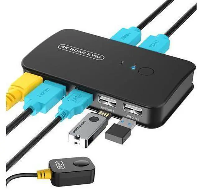 Main image of 2 Port HDMI KVM Switch USB Selector for 2 Computers Sharing Mouse Keyboard Printer to One 4K HD Monitor, KVM Switch HDMI 2 in 1 Out, Wired Controller & HDMI KVM Cables Included
