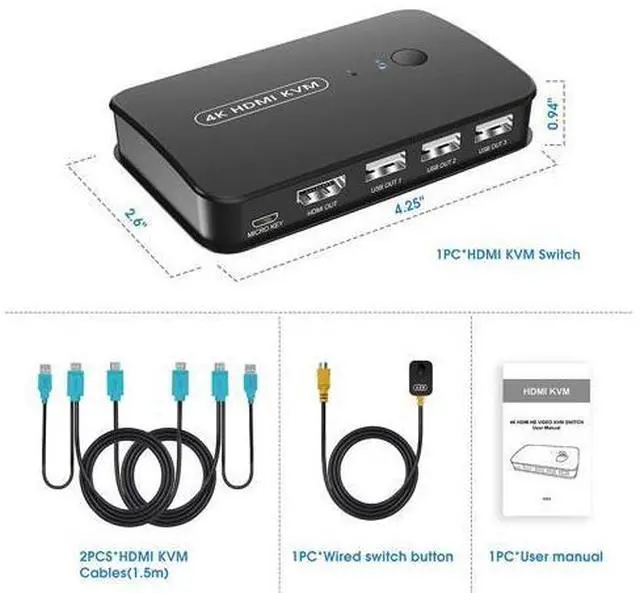Alt view image 7 of 7 - 2 Port HDMI KVM Switch USB Selector for 2 Computers Sharing Mouse Keyboard Printer to One 4K HD Monitor, KVM Switch HDMI 2 in 1 Out, Wired Controller & HDMI KVM Cables Included