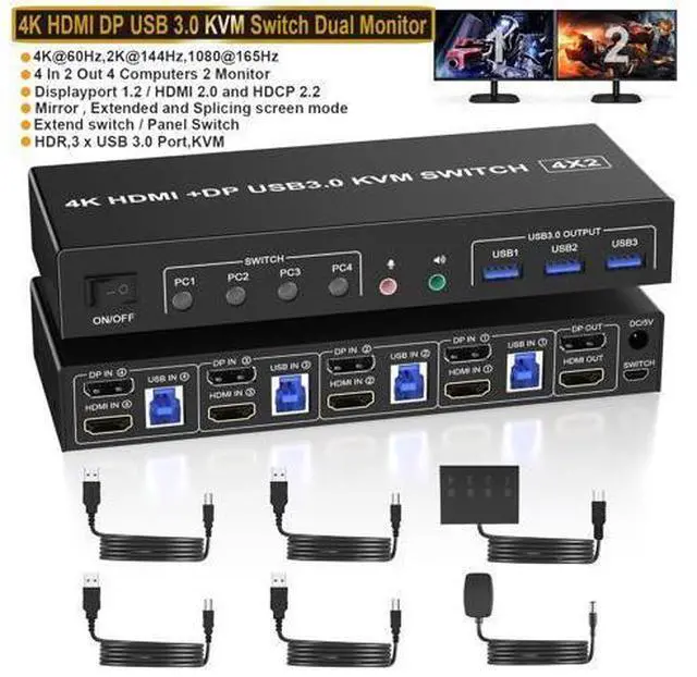 Main image of USB 3.0 Displayport + HDMI Dual Monitor KVM Switch 2 Monitors 4 Computers, 4K@60Hz KVM Switch 4 in 2 Out for 4 PC Share Keyboard Mouse with Audio Microphone and 3 USB 3.0 Ports, DP + HDMI KVM Switch