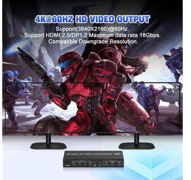 Alt view image 5 of 7 - USB 3.0 Displayport + HDMI Dual Monitor KVM Switch 2 Monitors 4 Computers, 4K@60Hz KVM Switch 4 in 2 Out for 4 PC Share Keyboard Mouse with Audio Microphone and 3 USB 3.0 Ports, DP + HDMI KVM Switch