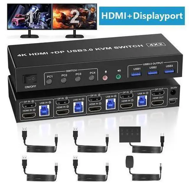 Main image of USB 3.0 Displayport + HDMI KVM Switch 2 Monitors 4 Computers, 4K@60Hz KVM Switch Dual Monitor 4 PC with Audio Microphone and 3 USB 3.0 Ports, 4 Port HDMI+DP Dual Monitor KVM Switch for 4 PC 2 Monitors