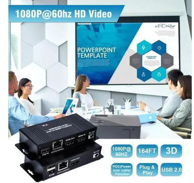 Alt view image 5 of 7 - 164FT HDMI KVM USB Extender Over Cat 5e/6/7 Cable, HDMI to RJ45 1080P HDMI Ethernet Extender Balun Transmitter Receiver with Loop Out Function - USB Keyboard Mouse, Single POC Power Supply