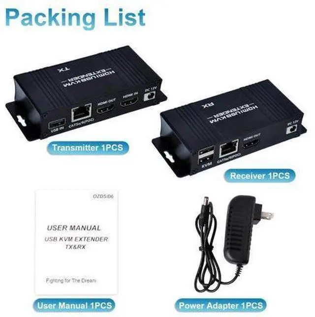 Alt view image 7 of 7 - 164FT HDMI KVM USB Extender Over Cat 5e/6/7 Cable, HDMI to RJ45 1080P HDMI Ethernet Extender Balun Transmitter Receiver with Loop Out Function - USB Keyboard Mouse, Single POC Power Supply