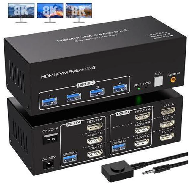 Main image of 4K144Hz Triple Monitor HDMI KVM Switch 3 Monitors 2 Computers 8K60Hz 2 PC 3 Monitors KVM Switches With 4 Ports USB 3.0 to Connect Keyboard Mouse and Printer Includes 2 USB 3.0 Cables and DC12V Adapter