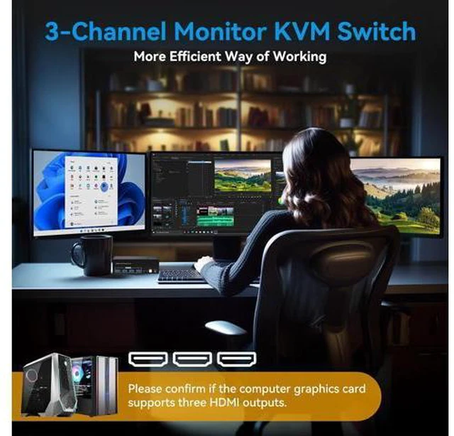 Alt view image 5 of 7 - 4K144Hz Triple Monitor HDMI KVM Switch 3 Monitors 2 Computers 8K60Hz 2 PC 3 Monitors KVM Switches With 4 Ports USB 3.0 to Connect Keyboard Mouse and Printer Includes 2 USB 3.0 Cables and DC12V Adapter