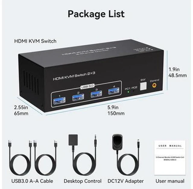 Alt view image 7 of 7 - 4K144Hz Triple Monitor HDMI KVM Switch 3 Monitors 2 Computers 8K60Hz 2 PC 3 Monitors KVM Switches With 4 Ports USB 3.0 to Connect Keyboard Mouse and Printer Includes 2 USB 3.0 Cables and DC12V Adapter
