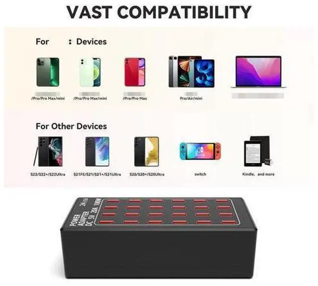 Alt view image 4 of 7 - USB Charging Station, 24 Port 100W (20A) Multiport USB Charger Station with Intelligent Detection for Smartphones,Tablets and More, Suitable for School Hotel Mall Shop Travel