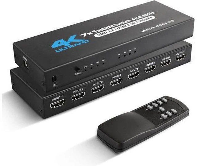 Main image of 4K HDMI Switch 7x1, 4K@60Hz 7 in 1 Out HDMI Switcher Selector with IR Remote Control, Supports HDCP 2.2 4K@60Hz UltraHD HDR10 3D HD1080P Dolby DST, HDMI Splitter for PS4 Xbox Fire Stick