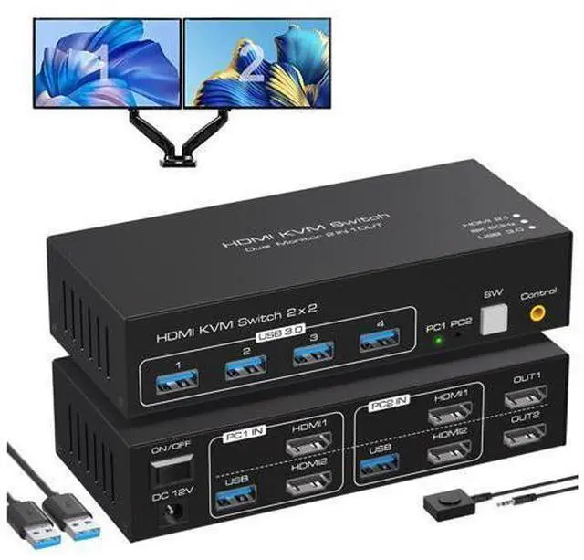 Main image of 2 Port Dual Monitor HDMI KVM Switch, 8K @60Hz 4K @120Hz HDMI USB 3.0 KVM Switcher for 2 Computers 2 Monitors with 4 Ports USB 3.0 Support Copy and Extended Display and Desktop Control