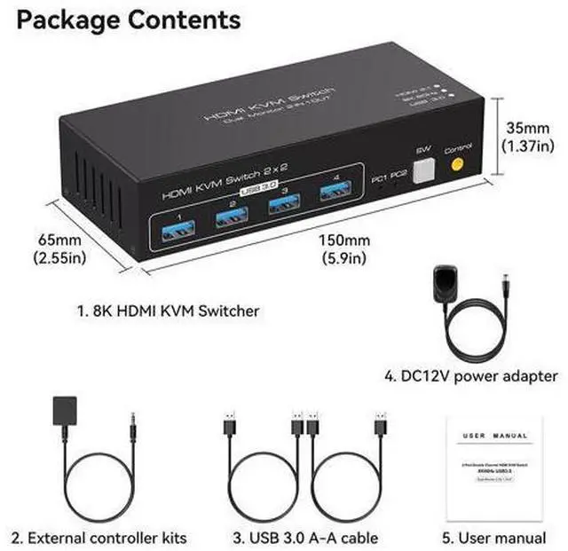 Alt view image 7 of 7 - 2 Port Dual Monitor HDMI KVM Switch, 8K @60Hz 4K @120Hz HDMI USB 3.0 KVM Switcher for 2 Computers 2 Monitors with 4 Ports USB 3.0 Support Copy and Extended Display and Desktop Control