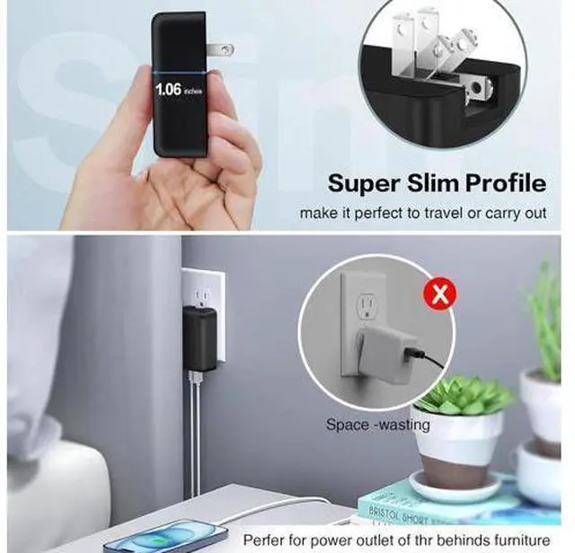 Alt view image 3 of 7 - AUTYUE 3-Pack USB C Wall Charger Block, Flat USB C Charger, 40W 4-Port PD QC 3.0 Slim Fast Charging Block with Foldable Plug Type C Power Adapter Brick for i-Phone, Android Cell Phones, Tablet etc.