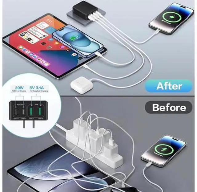 Alt view image 6 of 7 - AUTYUE 3-Pack USB C Wall Charger Block, Flat USB C Charger, 40W 4-Port PD QC 3.0 Slim Fast Charging Block with Foldable Plug Type C Power Adapter Brick for i-Phone, Android Cell Phones, Tablet etc.