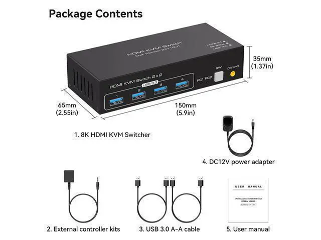 Alt view image 7 of 7 - 2 Port Dual Monitor HDMI KVM Switch for 2 monitors 2 computers, Support 8K @60Hz 4K @120Hz USB 3.0 HDMI KVM Switcher 2 in 2 Out for 2 computers share 4 usb 3.0 ports and dual monitor