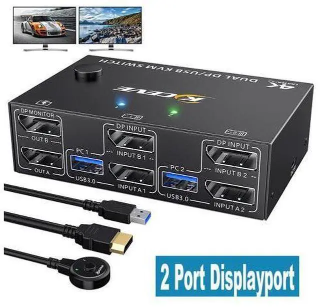 Main image of USB 3.0 Displayport KVM Switch 2 Monitors 2 Computers 8K @30Hz 4K@144Hz, Dual Monitor Displayport 1.4 KVM Switches 2 in 2 Out with 4 USB 3.0 Port for USB Device,Wired Remote and 4 Cables Included