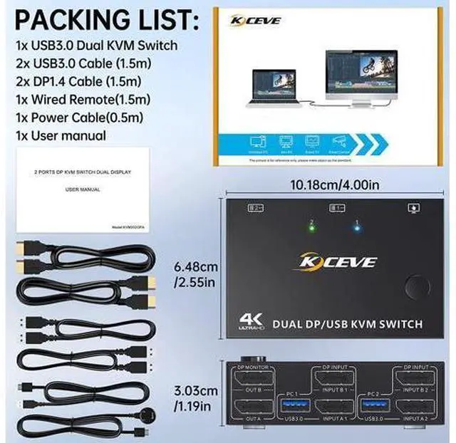 Alt view image 7 of 7 - USB 3.0 Displayport KVM Switch 2 Monitors 2 Computers 8K @30Hz 4K@144Hz, Dual Monitor Displayport 1.4 KVM Switches 2 in 2 Out with 4 USB 3.0 Port for USB Device,Wired Remote and 4 Cables Included