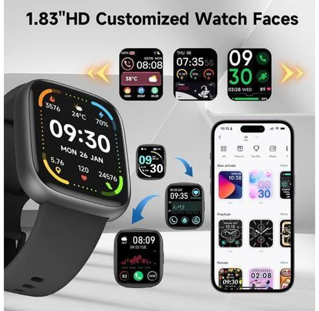 Alt view image 5 of 7 - IHDAPP Smart Watch, Alexa Built-in Smartwatch(Answer/Make Calls),1.83" HD Fitness Tracker,IP68 Waterproof 100+ Sport Mode Activity Tracker,Heart Rate SpO2 Sleep Monitor, iOS Android Compatible (Black)