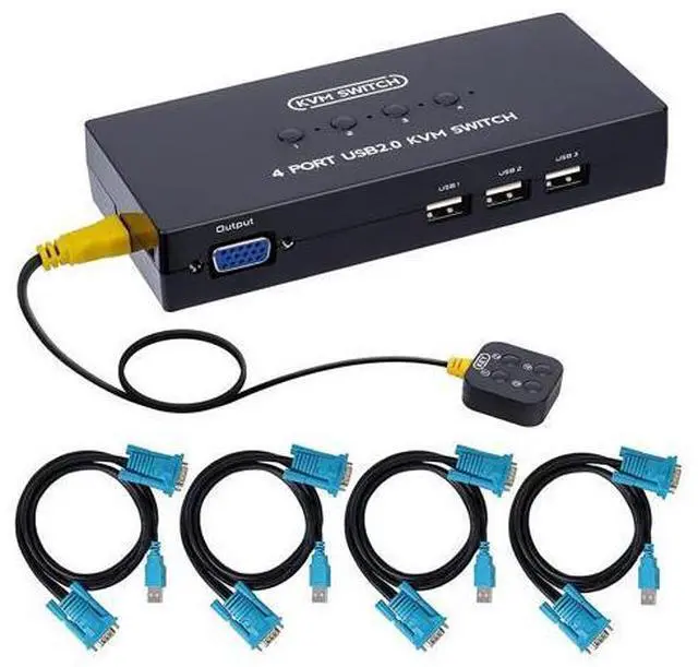 Main image of VGA KVM Switch 4 Port, USB VGA KVM Switcher for 4 Computers Share one Monitor 3 USB Devices Keyboard Mouse Scanner Printer, Including 4 KVM Cables & Desktop Control