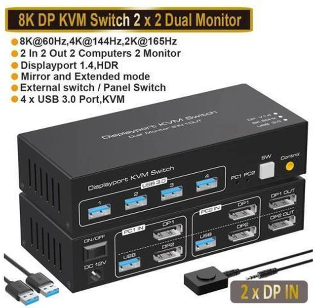 Main image of AUBEAMTO Displayport KVM Switch 2 Monitors 2 Computers 8K@60Hz 4K@120Hz Dual Monitor USB 3.0 DP KVM Switches for 4 USB3.0 Devices, Wired Extension Button,12V DC Adapter and 2 USB 3.0 Cables