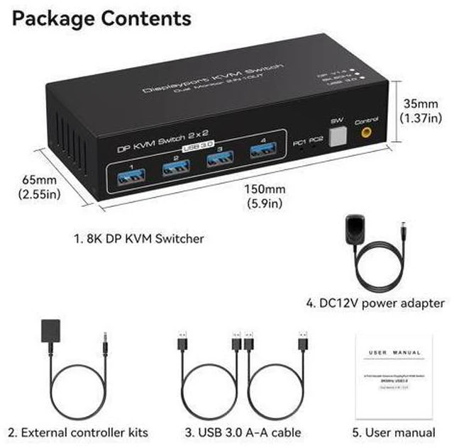 Alt view image 7 of 7 - AUBEAMTO Displayport KVM Switch 2 Monitors 2 Computers 8K@60Hz 4K@120Hz Dual Monitor USB 3.0 DP KVM Switches for 4 USB3.0 Devices, Wired Extension Button,12V DC Adapter and 2 USB 3.0 Cables