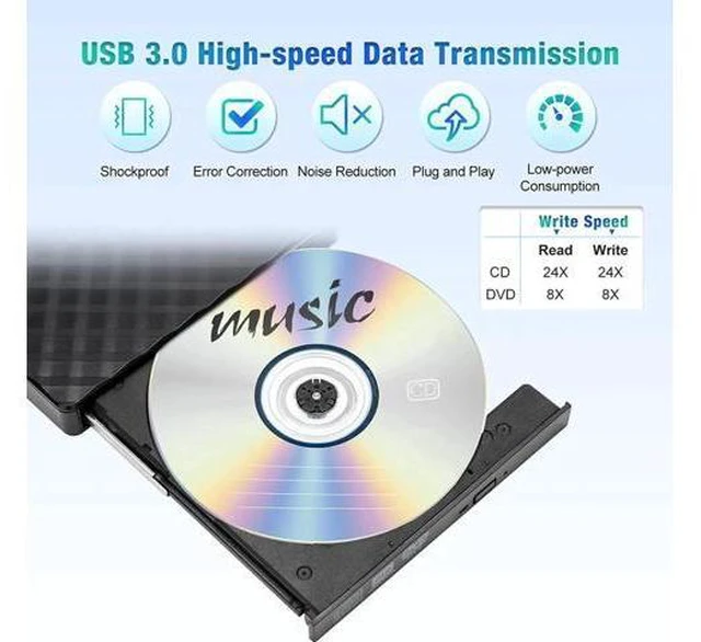 Alt view image 3 of 7 - External CD/DVD Drive, USB 3.0 Ultra Slim Portable DVD Writer External USB CD Drive DVD ROM CD Player/Rewriter +/-RW writer Burner player, Great Compatible With Windows/Mac OS/Laptop/PC/Desktops