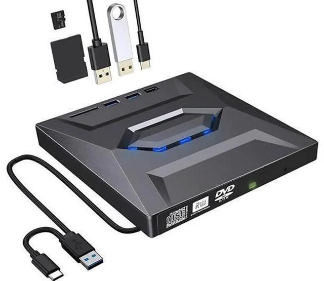 Main image of External DVD CD Drive, USB 3.0 Type C Slim Portable CD/DVD Player, CD DVF ROM Burner Rewriter with 2 USB Ports, SD TF Slot Low Noise High Speed Data Transfer Super Drive for Laptop/Desktop