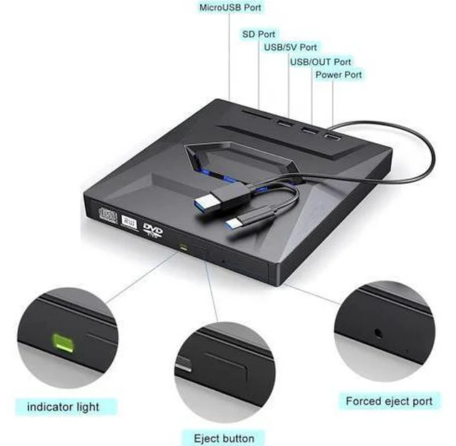 Alt view image 2 of 7 - External DVD CD Drive, USB 3.0 Type C Slim Portable CD/DVD Player, CD DVF ROM Burner Rewriter with 2 USB Ports, SD TF Slot Low Noise High Speed Data Transfer Super Drive for Laptop/Desktop