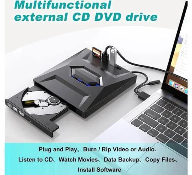 Alt view image 5 of 7 - External DVD CD Drive, USB 3.0 Type C Slim Portable CD/DVD Player, CD DVF ROM Burner Rewriter with 2 USB Ports, SD TF Slot Low Noise High Speed Data Transfer Super Drive for Laptop/Desktop
