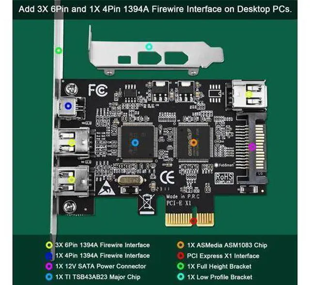 Alt view image 7 of 7 - FebSmart 4 Ports PCIE Firewire 400 1394A Expansion Card, Texas Instruments TI TSB43AB23, Plug and Play on Windows and MAC Desktop PCs, 3X 6Pin and 1X 4Pin 1394A Ports, 400Mbps Max Speed (FS-FW400)