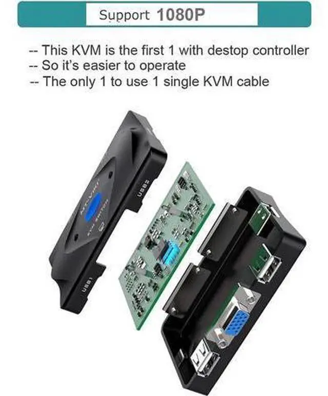 Alt view image 5 of 7 - MT-VIKI KVM Switch VGA 2 Port, KVM Switch Console with 3 USB Hub + 2 in1 Cables + Desktop Selector