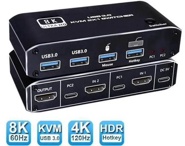 Main image of 2023 Best HDMI 2.1 KVM Switch 4K 120Hz HDMI USB KVM Switch Dual Port USB HDMI 2.1 Switcher 2X1 4K 60Hz 8K 60Hz 2 PC 1 Monitor