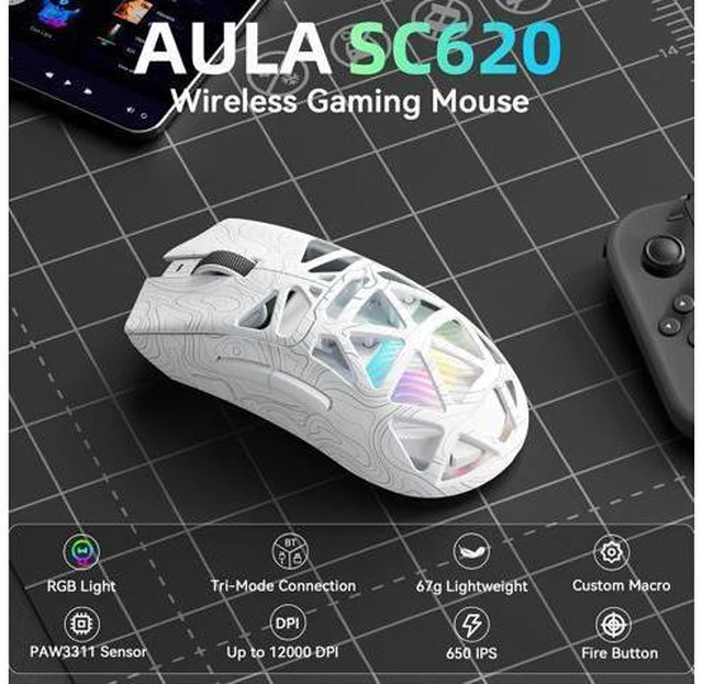 Alt view image 2 of 7 - Aula SC620 Wireless Gaming Mouse, Tri-Mode 2.4GHz/USB-C/BT5.3 Computer Mouse with 12000 DPI, Programmable Macro Gamer Mouse with Rapid Fire Key, RGB Light Gaming Mice for PC/Laptop/Mac (Line White)