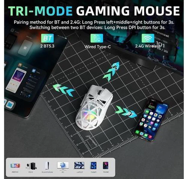 Alt view image 3 of 7 - Aula SC620 Wireless Gaming Mouse, Tri-Mode 2.4GHz/USB-C/BT5.3 Computer Mouse with 12000 DPI, Programmable Macro Gamer Mouse with Rapid Fire Key, RGB Light Gaming Mice for PC/Laptop/Mac (Line White)