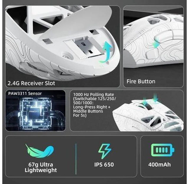 Alt view image 5 of 7 - Aula SC620 Wireless Gaming Mouse, Tri-Mode 2.4GHz/USB-C/BT5.3 Computer Mouse with 12000 DPI, Programmable Macro Gamer Mouse with Rapid Fire Key, RGB Light Gaming Mice for PC/Laptop/Mac (Line White)