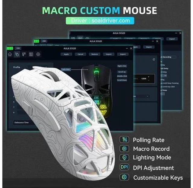 Alt view image 6 of 7 - Aula SC620 Wireless Gaming Mouse, Tri-Mode 2.4GHz/USB-C/BT5.3 Computer Mouse with 12000 DPI, Programmable Macro Gamer Mouse with Rapid Fire Key, RGB Light Gaming Mice for PC/Laptop/Mac (Line White)