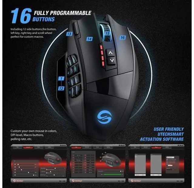 Alt view image 6 of 7 - UtechSmart VENUS Pro RGB MMO Wireless Gaming Mouse, 16,000 DPI Optical Sensor, 2.4 GHz transmission technology, Palm Grip Ergonomic Design, Chroma RGB Lighting, 16 programmable buttons, Up to 70 Hours