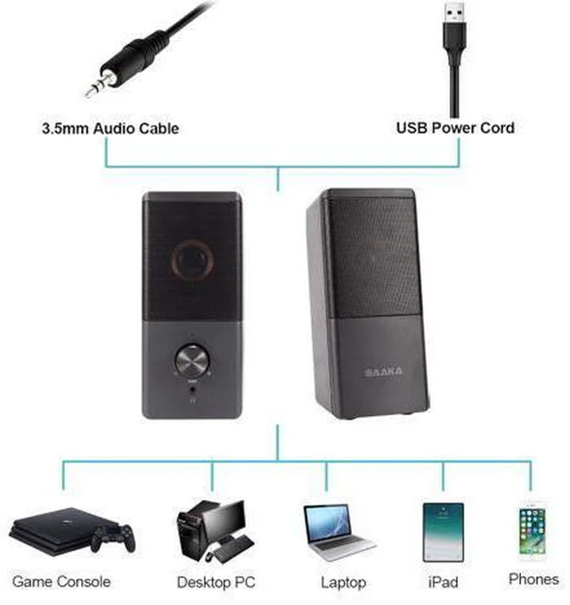 Alt view image 7 of 7 - Computer Speaker, Compact Size Speaker With Headphone Jack, Enhanced Bass And Volume Control, Stereo 2.0 Usb Powered 3.5Mm Aux Multimedia Speakers For Laptop/Desktop/Tablets/Phone (Black)