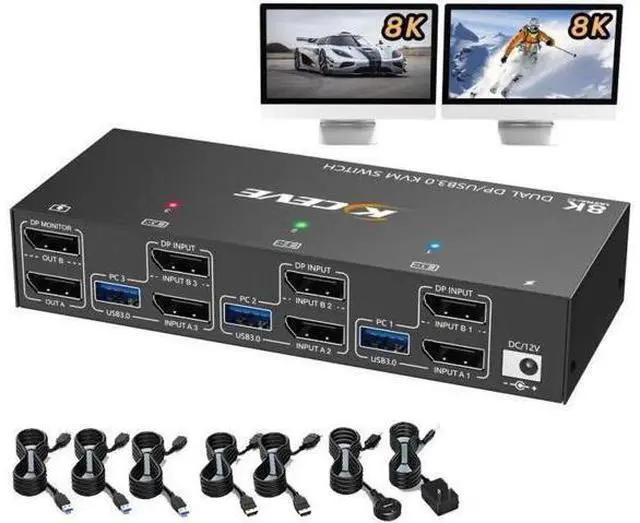 Main image of Dual Monitor Displayport KVM Switch 8K@30Hz 4K@144Hz, USB 3.0 KVM Switches 3 Computers 2 Monitors Displayport 1.4 with 4 USB 3.0 Ports for USB Devices, DP Monitor Switch for 3 PCs, with Wired Remote