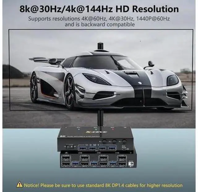 Alt view image 2 of 7 - Dual Monitor Displayport KVM Switch 8K@30Hz 4K@144Hz, USB 3.0 KVM Switches 3 Computers 2 Monitors Displayport 1.4 with 4 USB 3.0 Ports for USB Devices, DP Monitor Switch for 3 PCs, with Wired Remote