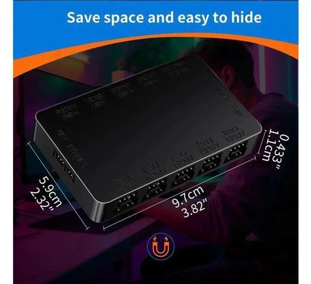 Alt view image 4 of 6 - ARGB Fan Hub, 10-Port 4 Pin Fan Controller PC, 5V-3Pin, Magnetic Suction, SATA Power Input, RF Remote & Chassis Key Control, Support 10 ARGB PWM Fans Splitter, Black