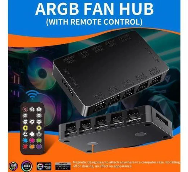 Alt view image 3 of 6 - ARGB Fan Hub, 10-Port 4 Pin Fan Controller PC, 5V-3Pin, Magnetic Suction, SATA Power Input, RF Remote & Chassis Key Control, Support 10 ARGB PWM Fans Splitter, Black