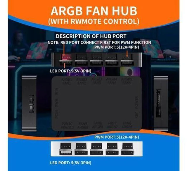 Alt view image 5 of 6 - ARGB Fan Hub, 10-Port 4 Pin Fan Controller PC, 5V-3Pin, Magnetic Suction, SATA Power Input, RF Remote & Chassis Key Control, Support 10 ARGB PWM Fans Splitter, Black