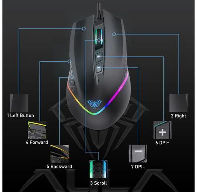 Alt view image 2 of 7 - AULA F805 RGB Gaming Mouse 6400DPI Wired Backlit USB Computer Mouse Gamer 7 Programmable Buttons Ergonomic for Laptop Desktop