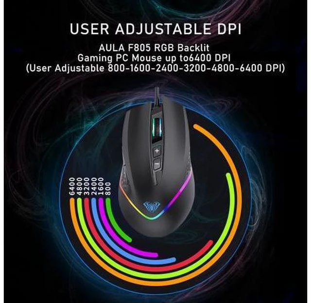 Alt view image 6 of 7 - AULA F805 RGB Gaming Mouse 6400DPI Wired Backlit USB Computer Mouse Gamer 7 Programmable Buttons Ergonomic for Laptop Desktop