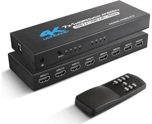 Main image of 4K HDMI Switch 7x1, 4K@60Hz 7 in 1 Out HDMI Switcher Selector with IR Remote Control, Supports HDCP 2.2 4K@60Hz UltraHD HDR10 3D HD1080P Dolby DST, HDMI Splitter for PS4 Xbox Fire Stick