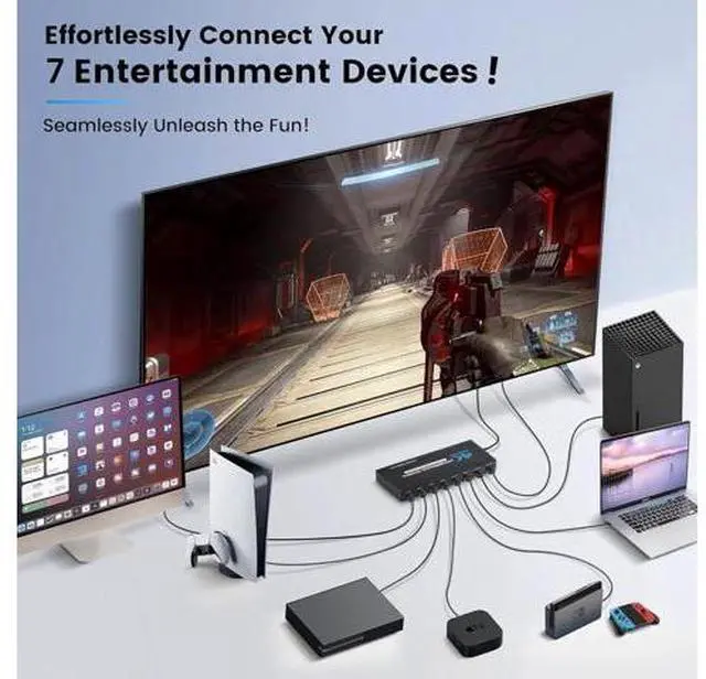 Alt view image 2 of 7 - 4K HDMI Switch 7x1, 4K@60Hz 7 in 1 Out HDMI Switcher Selector with IR Remote Control, Supports HDCP 2.2 4K@60Hz UltraHD HDR10 3D HD1080P Dolby DST, HDMI Splitter for PS4 Xbox Fire Stick