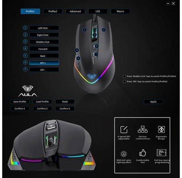 Alt view image 7 of 7 - AULA F805 RGB Gaming Mouse 6400DPI Wired Backlit USB Computer Mouse Gamer 7 Programmable Buttons Ergonomic for Laptop Desktop