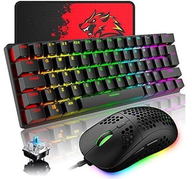 Alt view image 7 of 7 - Wired Gaming Keyboard Mouse Combo Chroma RGB Backlit Mechanical Keyboard with 61 Keys Anti-ghosting Floating Keycaps Metal Plate Type-C RGB Gaming Mouse 6400 DPI for PC Gamers (Black/Blue Switch)