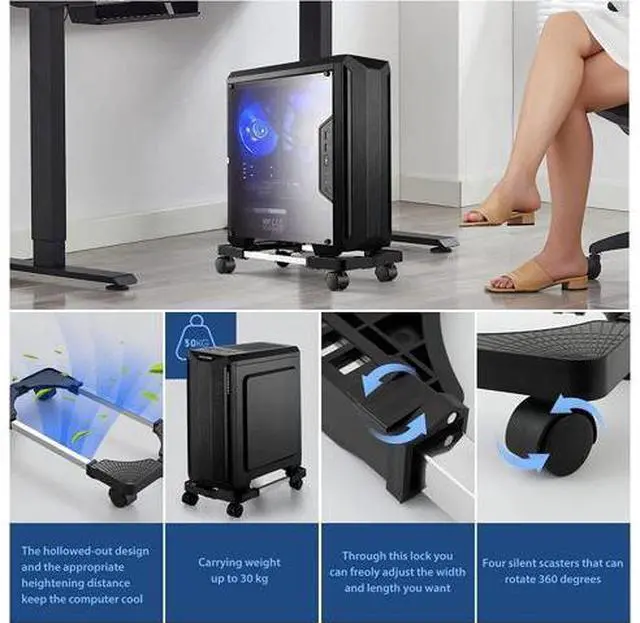 Alt view image 4 of 7 - Computer Tower Stand,Adjustable Mobile CPU Stand with 4 Rolling Caster Wheels, PC Tower Stand Fits Most PC Under Desk-Black